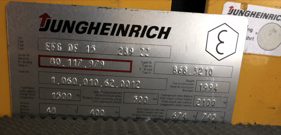 رافعة شوكية كهربائية Three-wheel electric front loader Jungheinrich EFG DF 15 with duplex mast and Meyer roller clamp: صور 10 رافعة شوكية كهربائية Three-wheel electric front loader Jungheinrich EFG DF 15 with duplex mast and Meyer roller clamp: صور 10