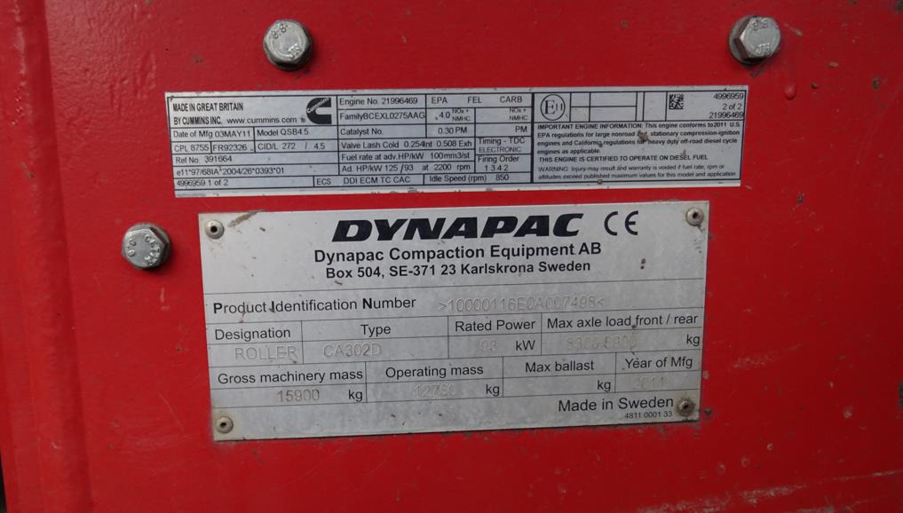 Walec DYNAPAC CA 302D 2011 - 3393 mth - CE - 15,9t - مدحلة: صور 5 Walec DYNAPAC CA 302D 2011 - 3393 mth - CE - 15,9t - مدحلة: صور 5