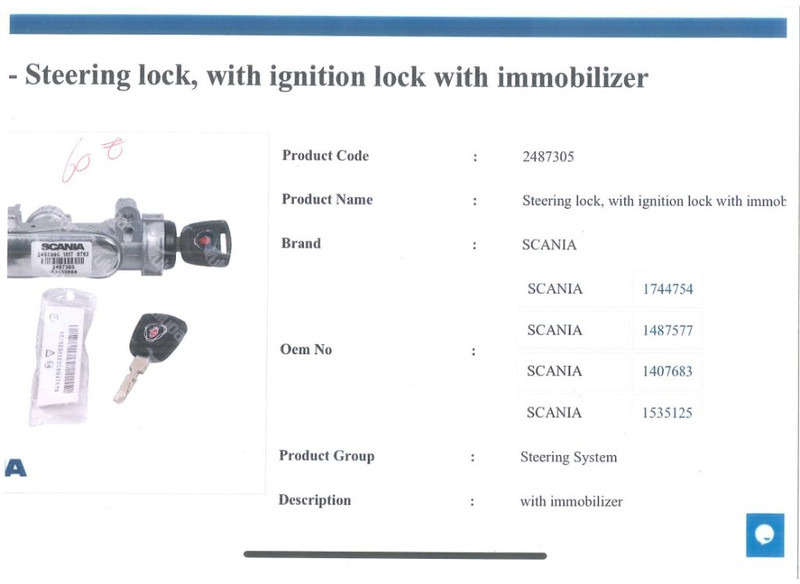 Scania Steering Lock, With ignition lock immobilizer - قطع الغيار: صور 2 Scania Steering Lock, With ignition lock immobilizer - قطع الغيار: صور 2