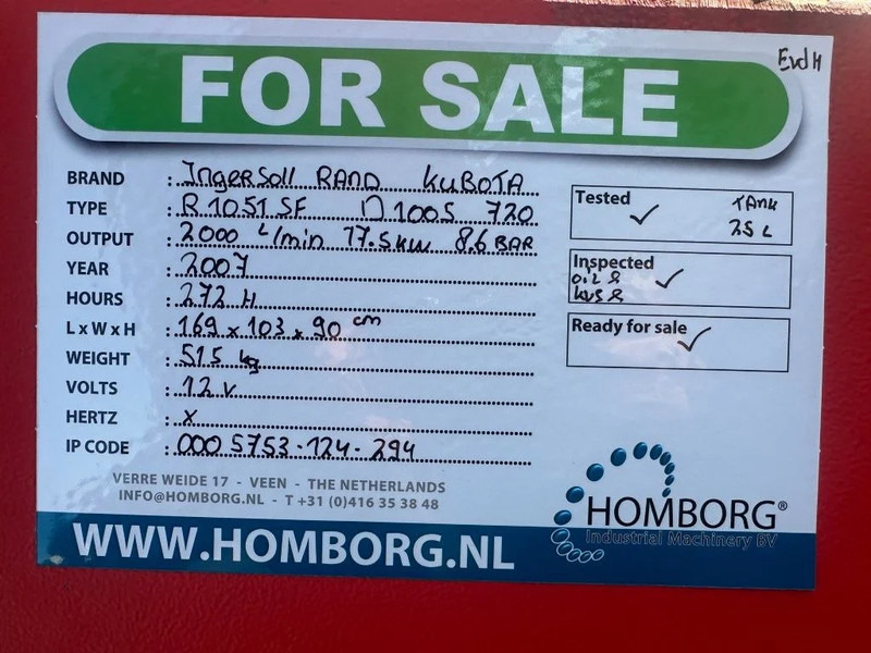 ضاغط الهواء Ingersoll Rand 720 R1051SF Kubota D1005 Diesel Compressor 2000 L / min 17.5 kW 8.6 Bar: صور 15