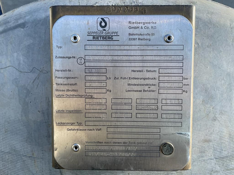 Dieseltank Rietberg 1000 liter Dieseltank Gegalvaniseerd IBC met keuring ! - خزان تخزين: صور 3 Dieseltank Rietberg 1000 liter Dieseltank Gegalvaniseerd IBC met keuring ! - خزان تخزين: صور 3